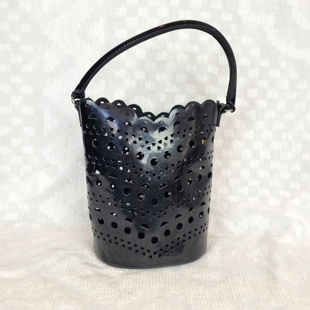 Nieman Marcus faux patent leather black bucket bag scallop detail cutouts artsy